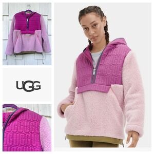 UGG Iggy Sherpa Half-Zip Pullover Pink Magenta Quilted Logo Hoodie 1117513 M